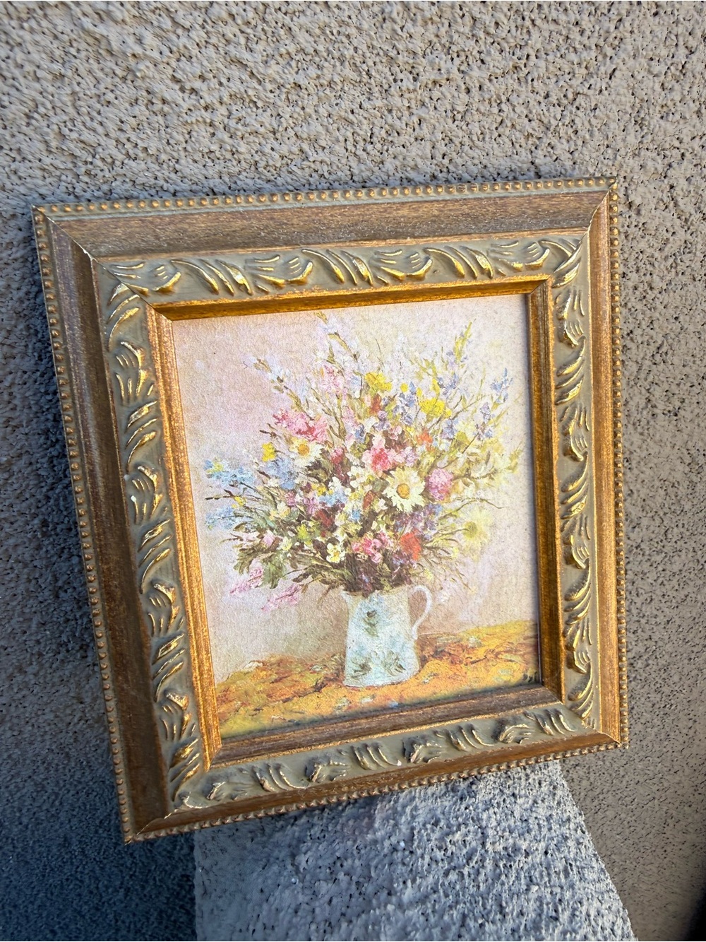 Vintage Signed Floral Bouquet Lithograph Print in Ornate Gold Frame 6x7